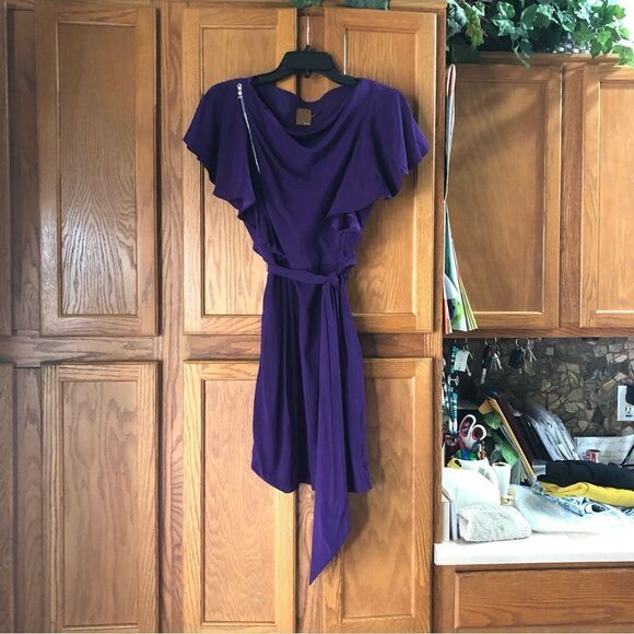 Ali Ro Purple Drape Neck Flutter Sleeve Silk Blend Mini Dress - Picture 2 of 14